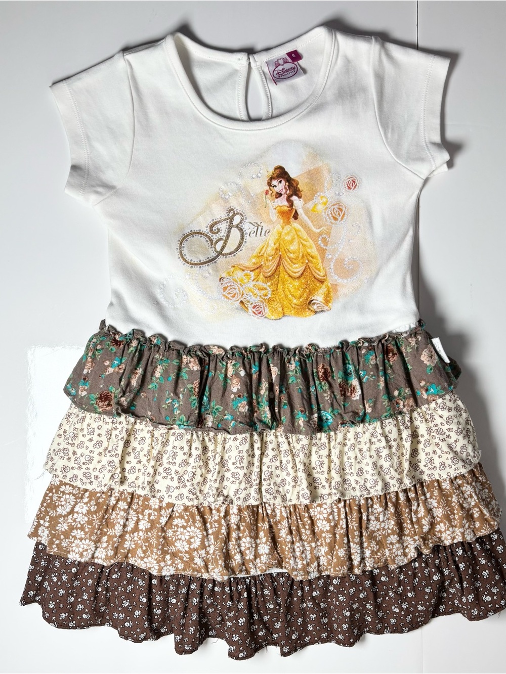Disney Princess Belle Tiered Floral Ruffle Dress Earthtones Y2K Style Nostalgic